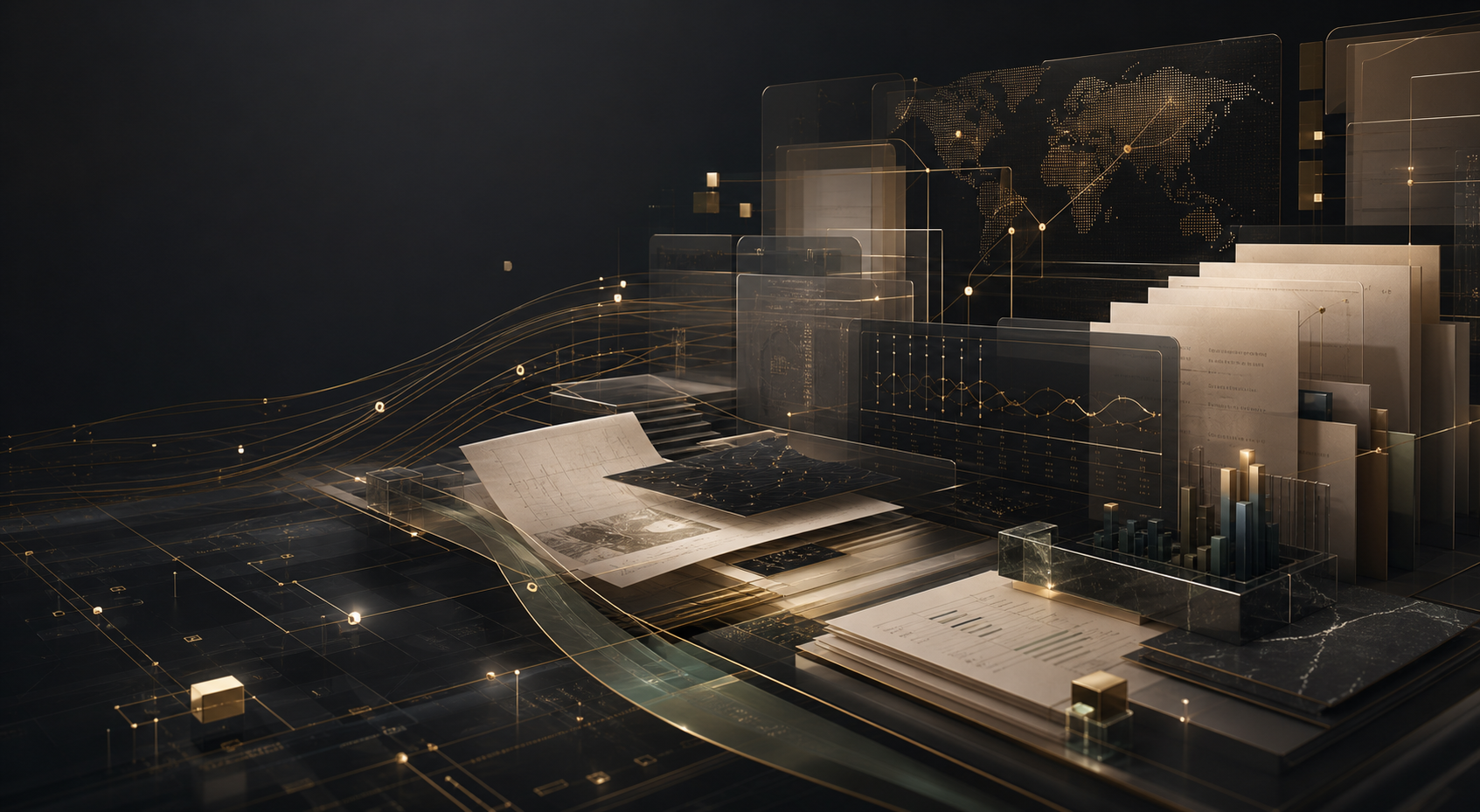 Layered AI-native operating control visual for family office treasury and investment workflows